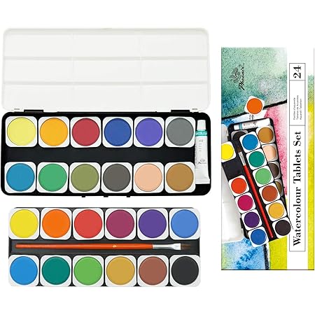 Amazon 水彩絵の具セット 25色 プラスチックのパレット 水彩絵ブラシ 芸術絵創作 現代水彩絵 風景写真絵画 ポータブル旅行用 子供 学生 初心者適用 絵具 通販