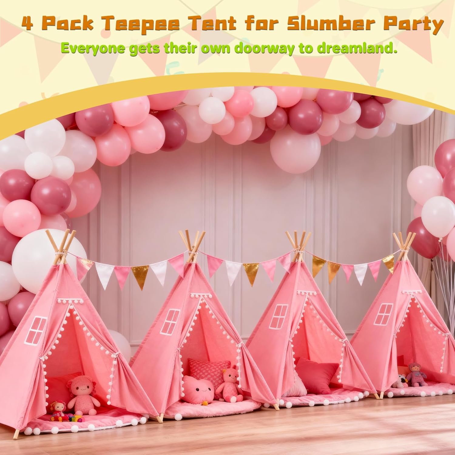 4 Pack Teepee Tent for Kids Slumber Party, Cotton Playhouse Tipi Sleepover Tent with Pompom & Lights for Girls & Boys Movie Night Birthday Party Supplies