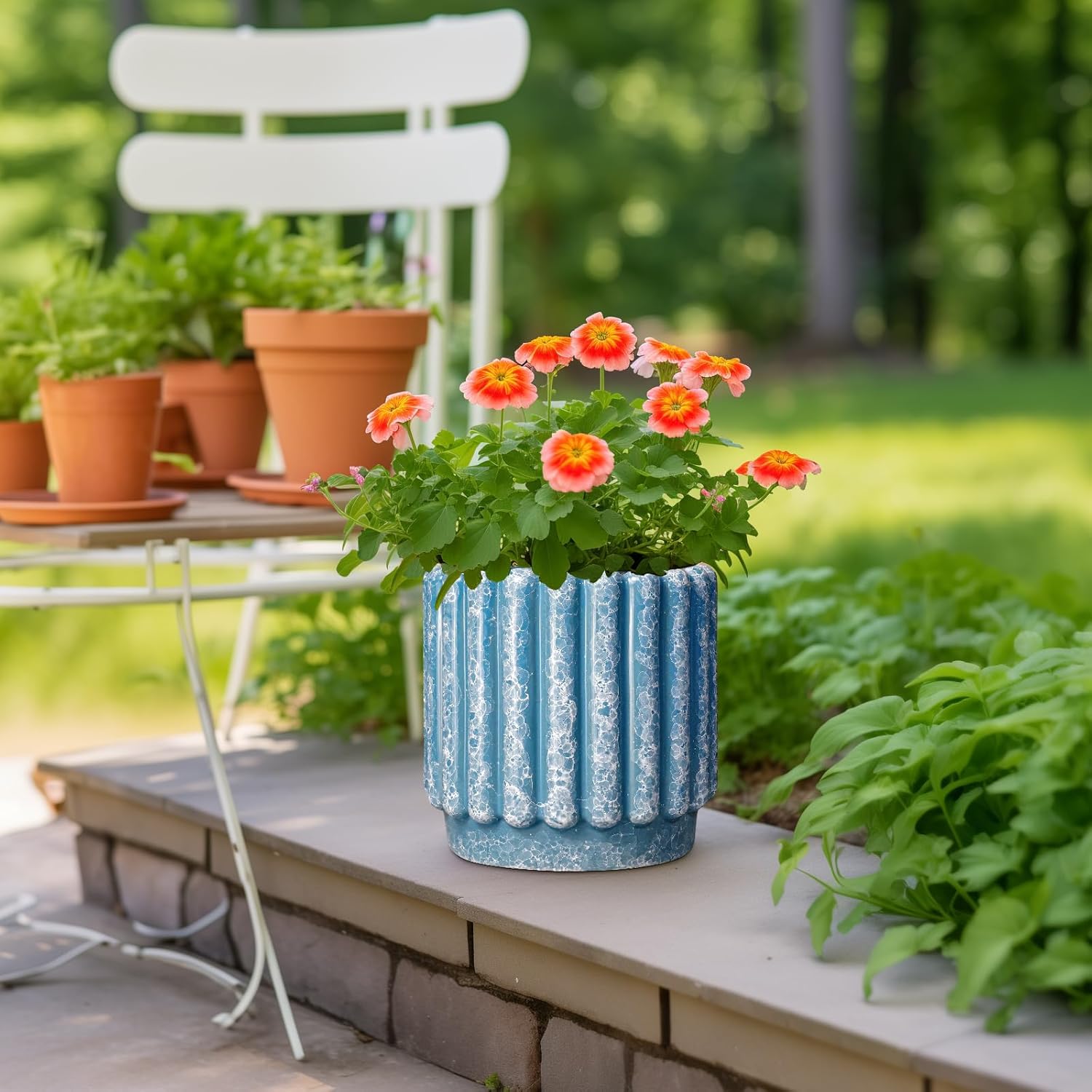 Ceramicfor Ceramic Planter for Indoor Plants - 9.6 Inch Ceramic Plant Pots with Drainage Hole, Large Flower Pots Outdoor, Fluted Decorative Round Planter, Front Door Decor, Housewarming Gifts, Blue