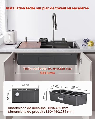 VEVOR Évier Cuisine 1 Bac, Évier à Encastrer 85 cm en Acier Inoxydable, pour Vaisselle Camping-car Buanderie Bar Maison, Bac à Laver de Cuisine avec Rebord et Accessoires, Montage Encastrable - 7