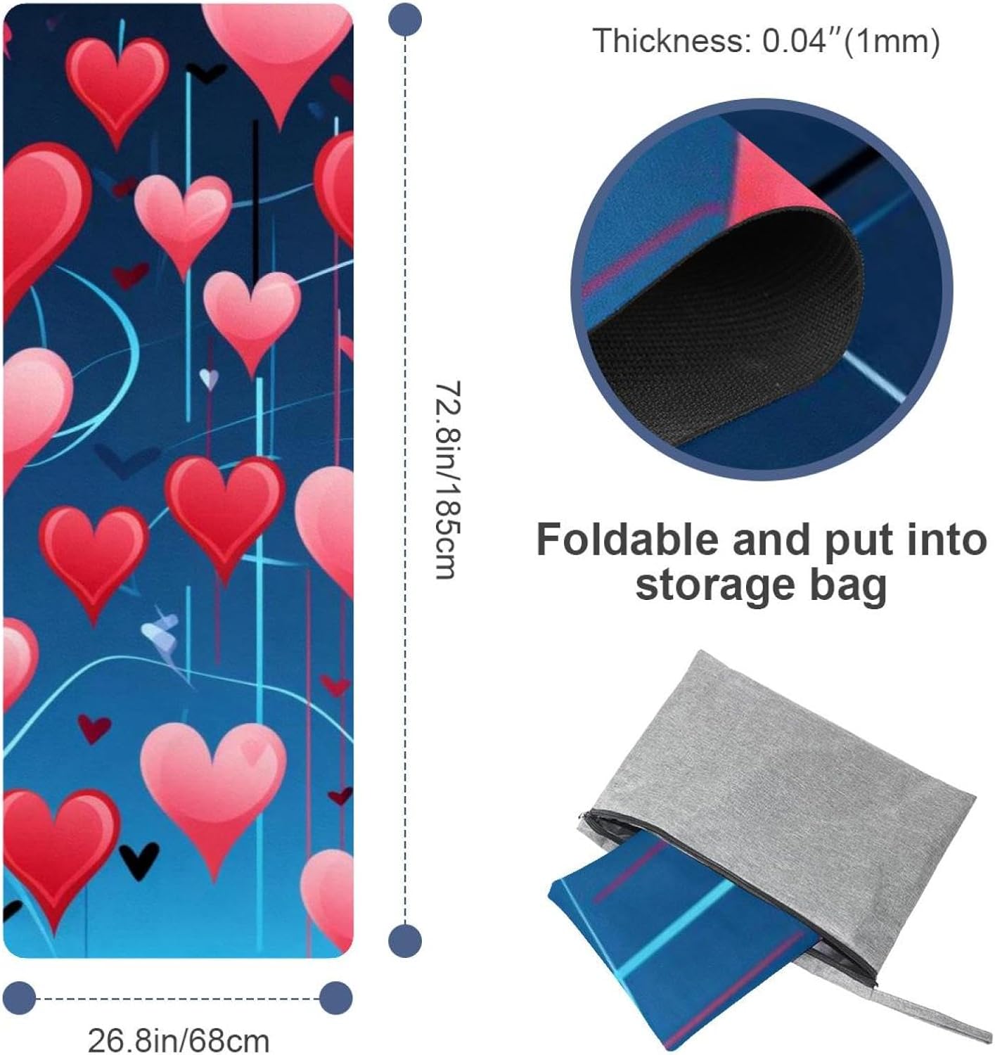 Yoga Towel, Love Heart Pattern Non Slip Sweat Absorbent Hot Yoga Mat Towel for Hot Yoga, Pilates and Fitness - 72.8" x 26.8"