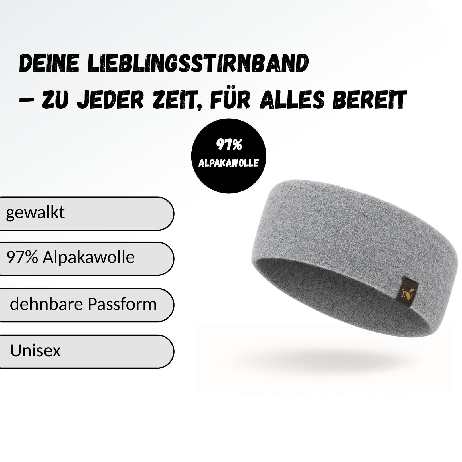 Stirnband aus 97% Alpaka – gewalkt, warm & windfest – elastisch – temperaturregulierend & atmungsaktiv – Winter-Stirnband für Damen & Herren, ideal für Outdoor Aktivitäten & Sport (hellgrau)