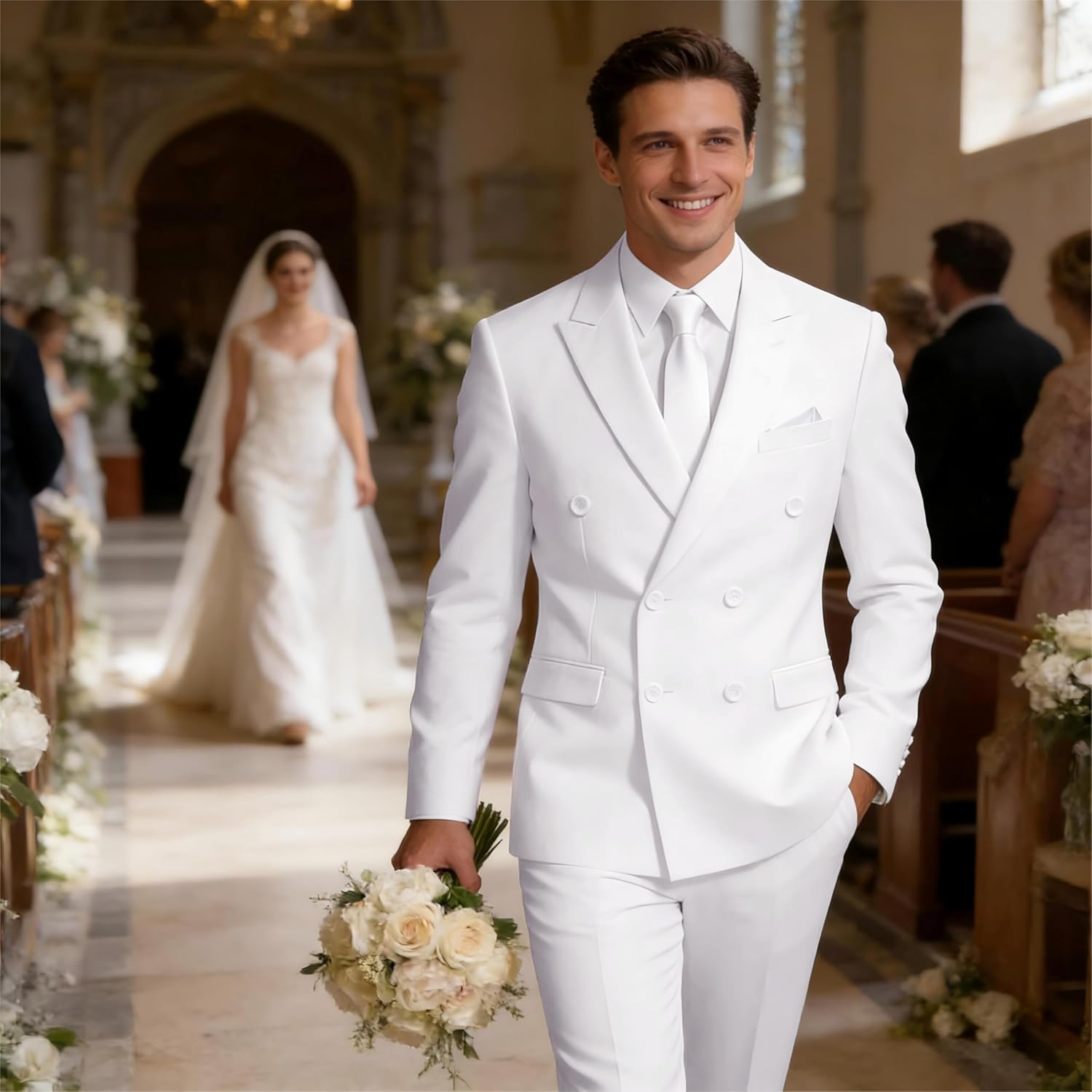 MOGU Suits for Men, 2 Piece Slim Fit Suit with Double Breasted Blazer and Tuxedo Pants - Image 2