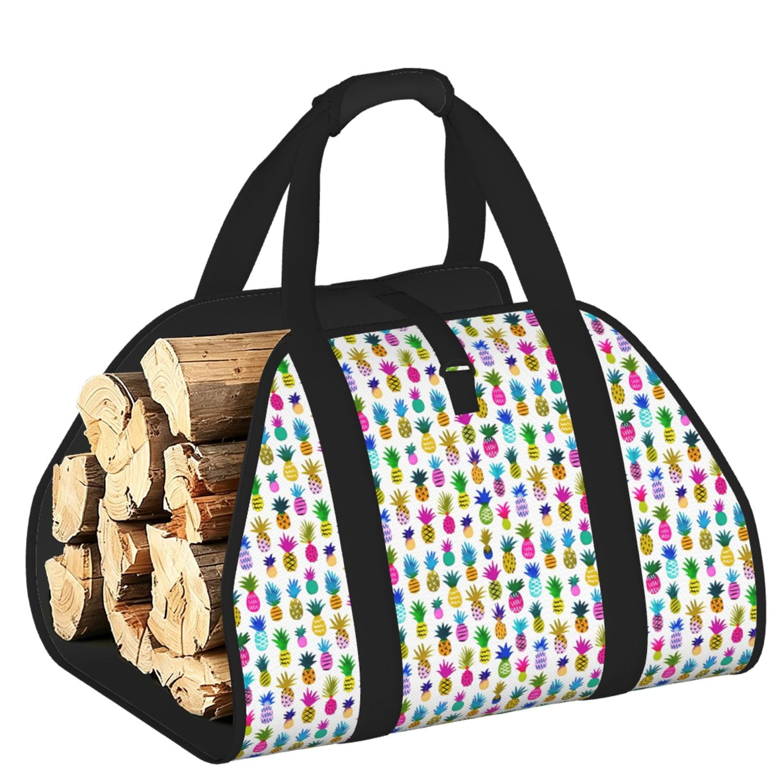 Ayyqwe Black Rainbow Pineapple Print Firewood Bag Wood Waterproof Versatile Camping Picnic Storage Daily Home