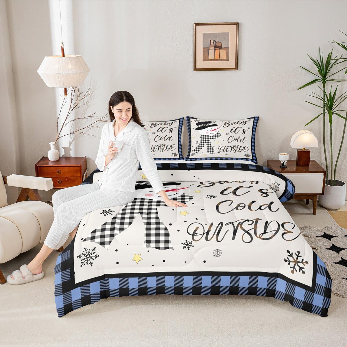 Parure de lit de Noël motif flocon géométrique et couette duvet bleu