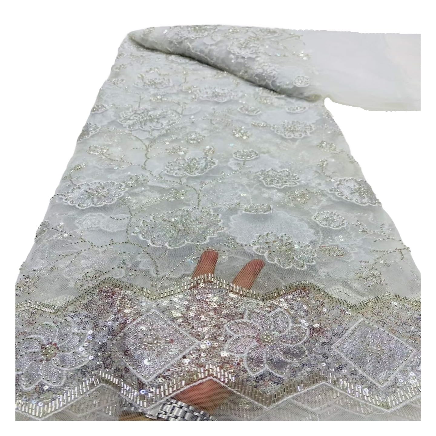 Koronkowa tkanina z grubej, cekinowej siatki koralikami 5 jardów(White)