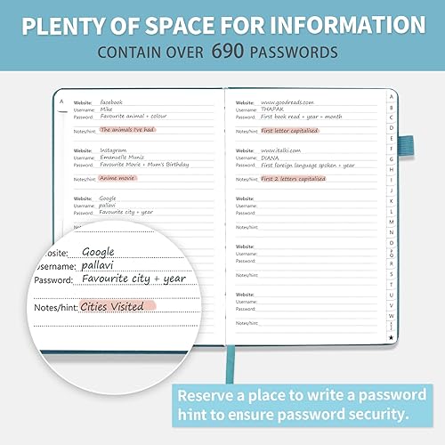 Vista 78 de Libro de contraseñas con pestañas alfabéticas, protector de contraseñas de tapa dura, organizador de cuadernos de contraseñas para computadora
