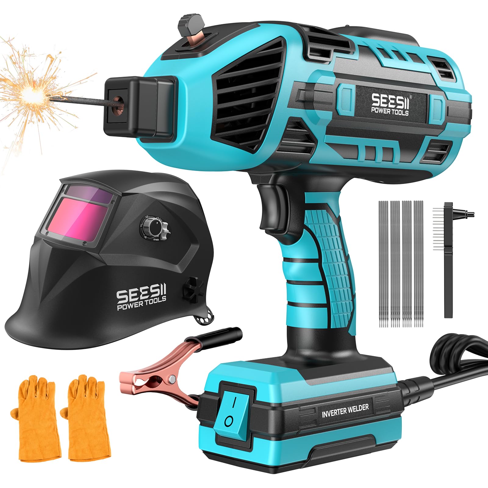 Seesii Portable Welder 110V with Auto Darkening Welding Helmet, 120A Handheld Welder with 3/64"-1/8" Welding Rods&amp;Gloves, Welding Hood with 4 Arc Sensors Shade 4/9-13, Welding Kit for Home DIY Repair
