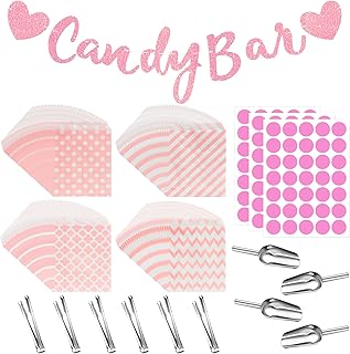 YeahBoom 114 Stück Candy Bar Zubehör Set,Enthält 100 Stück Candy Bar Tüten 3 Sticker 6 Zuckerzange 4 Schaufeln und 1 Candy Bar Deko Girlande,Candy Bar Deko Set für Candy Bar Hochzeit Geburtstage Party