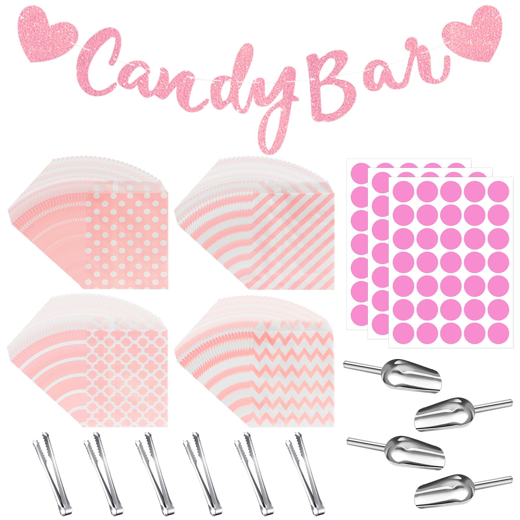 114PCS Set di Accessori per Candy Bar,Contiene 100 Sacchetti di Caramelle,3 adesivi,6 pinze per zucchero,4 Pale di Caramelle,1 Striscione Candy Bar Banner per caramelle,bar,buffet