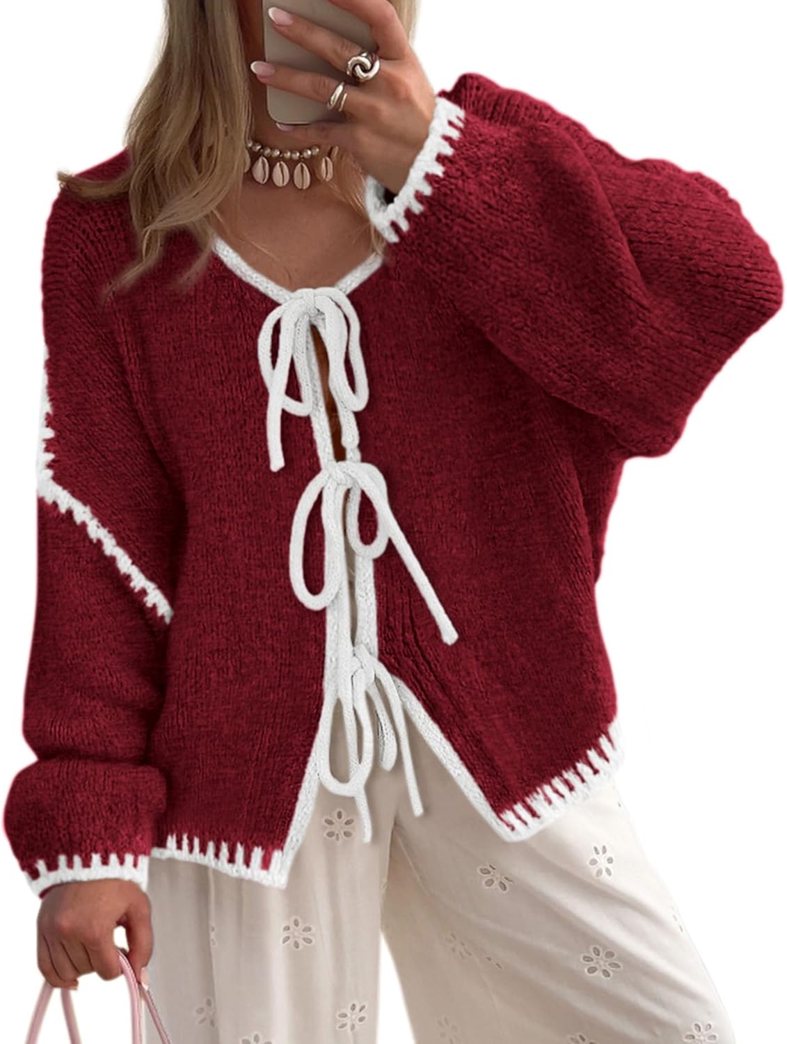 PRETTYGARDEN Women's Tie Front Bow Cardigan Sweaters Chunky Knit Long Puff Sleeve Trendy Fall Winter Jacket Coats