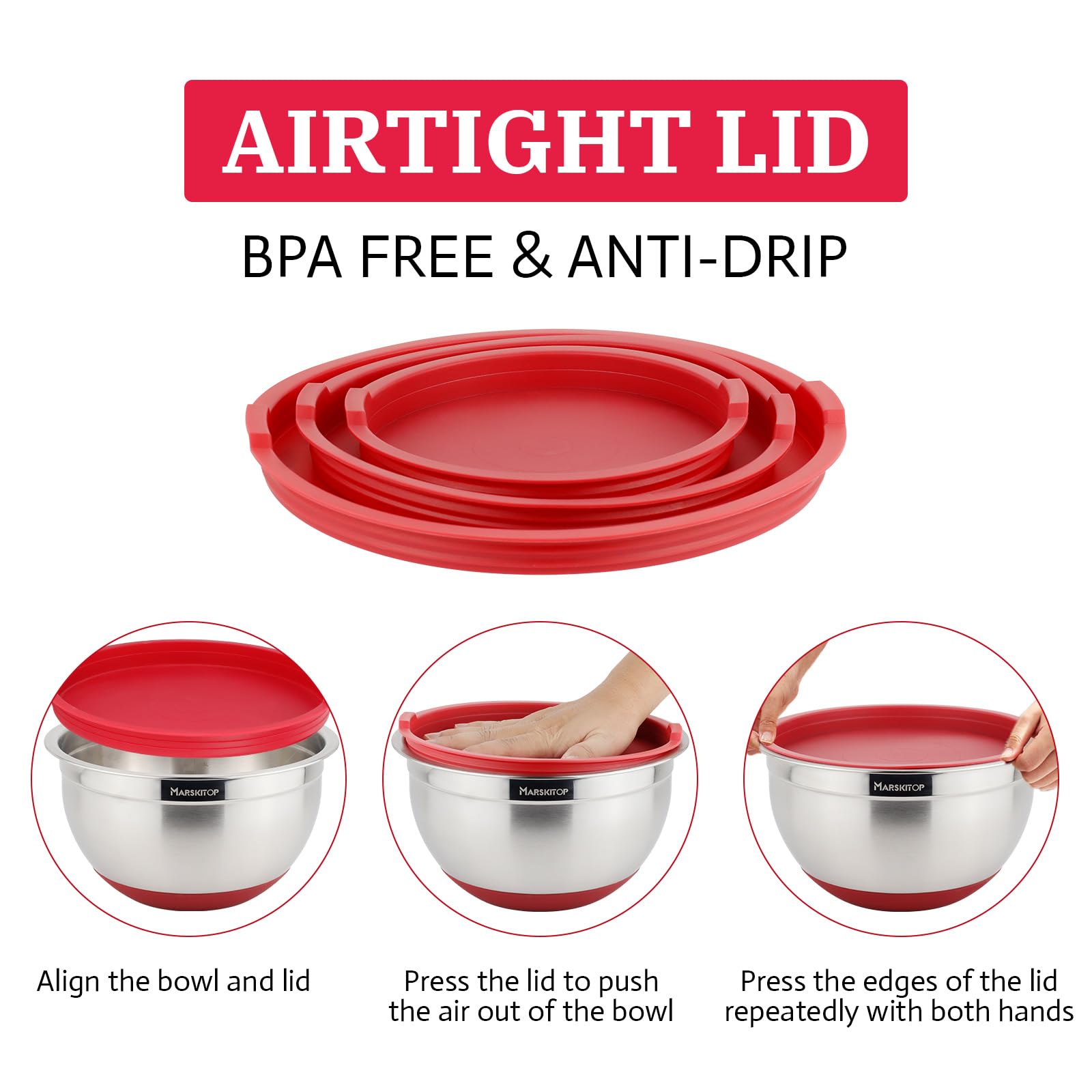 MARSKITOP Juego de 3 cuencos de acero inoxidable con tapas, cuencos anidados con tapas herméticas, marcas de medición y fondo rojo antideslizante, ideal para mezclar y servir, 1.5QT, 3QT, 5QT