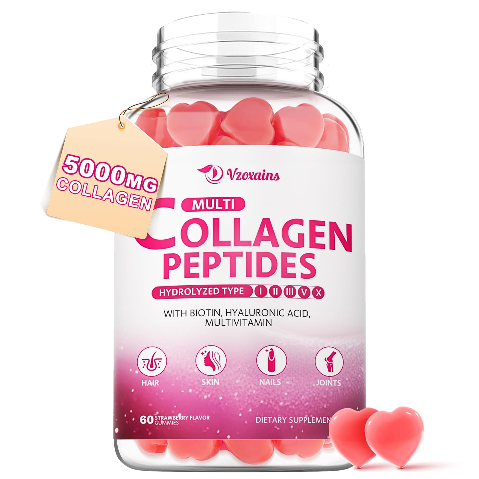 Multi Collagen Peptides Gummies, Collagen Gummies for Women & Men, Type I,II,III,V,X Protein with Biotin, Hyaluronic Acid, Vitamin C for Healthy Skin Support, Strawberry Flavored, Sugar Free, 60Cts 60 Count (Pack of 1)