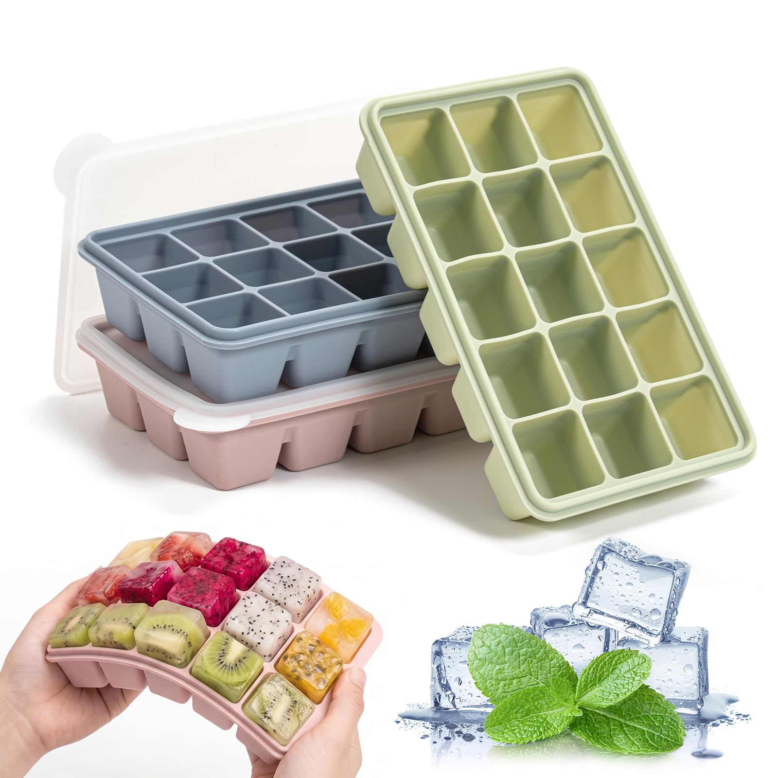 3 Pack Silicone Ice Cube Tray with Lids, 15 Cubes Large Ice Cube Moulds, Reusable and BPA Free, Easy Release Ice Trays for Whiskey, Baby Food, BPA Free