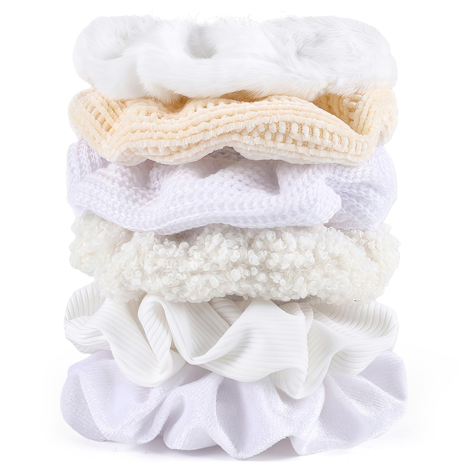 TUCEWP Scrunchies for Women Girls 6Pcs White Velvet Scrunchies for Thick Hair Ultra Textured Soft Scrunchy Hair Ties Kint Elastic Hair Bands Fuzzy