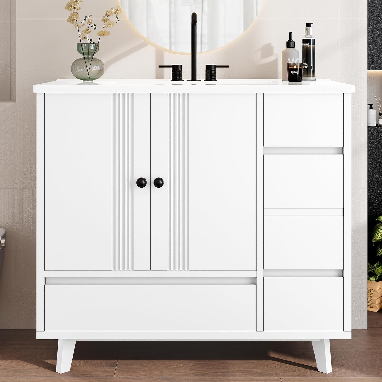 36"Bathroom Vanity with Ceramic Sink and 4 Drawers,Modern Freestanding Modern Bathroom Storage Cabinet w/Side Storage Rack and 2 Soft-Closing Doors,33''Tall Cabinet with Ceramic Basin for Bathroom
