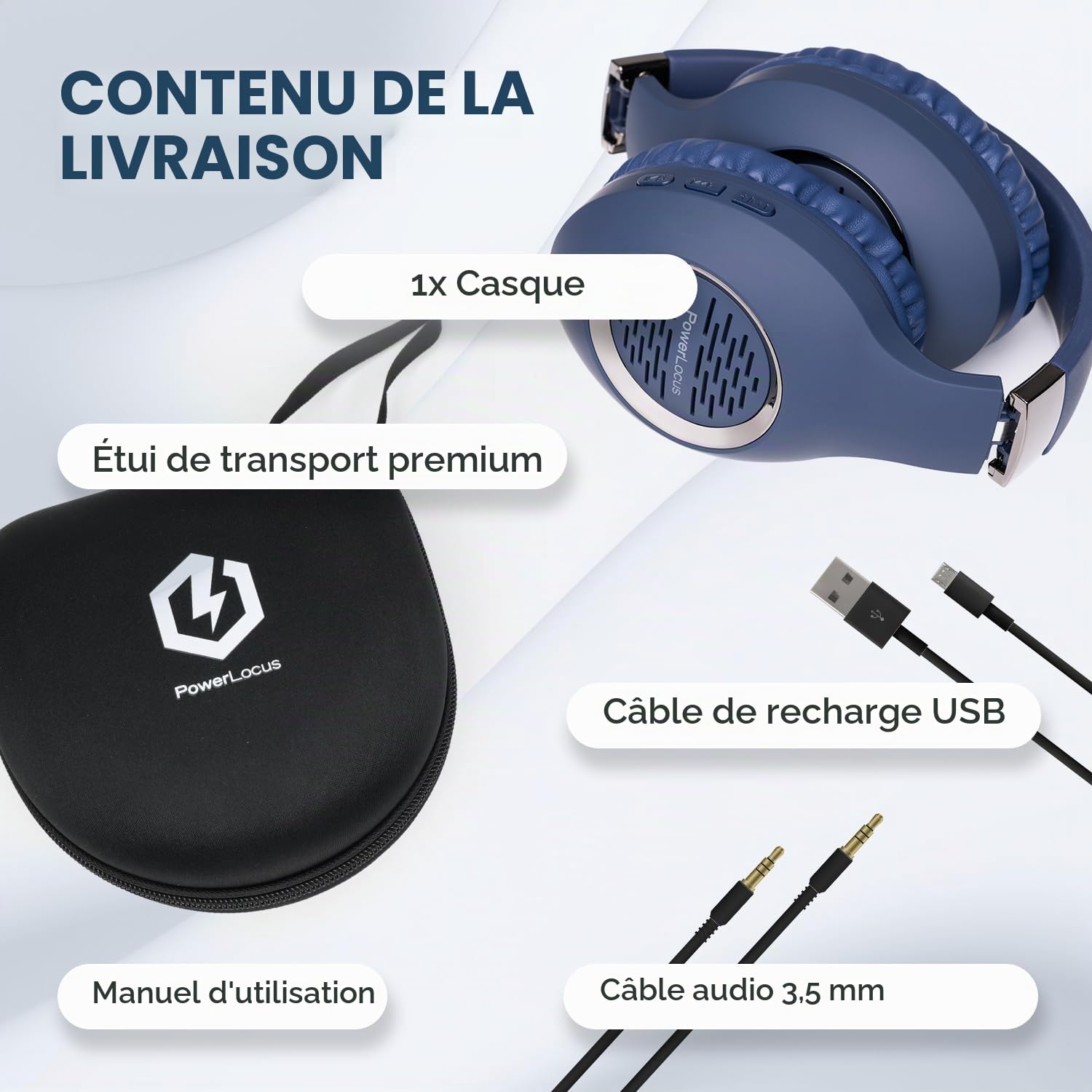 PowerLocus Casque Audio Bluetooth sans-Fil avec Microphone Intégré, Basses fréquences Stéréo Hi-FI, Confortable Cache-Oreilles pour Les Cours en Ligne, Téléphones Portables, Tablettes, PC,TV