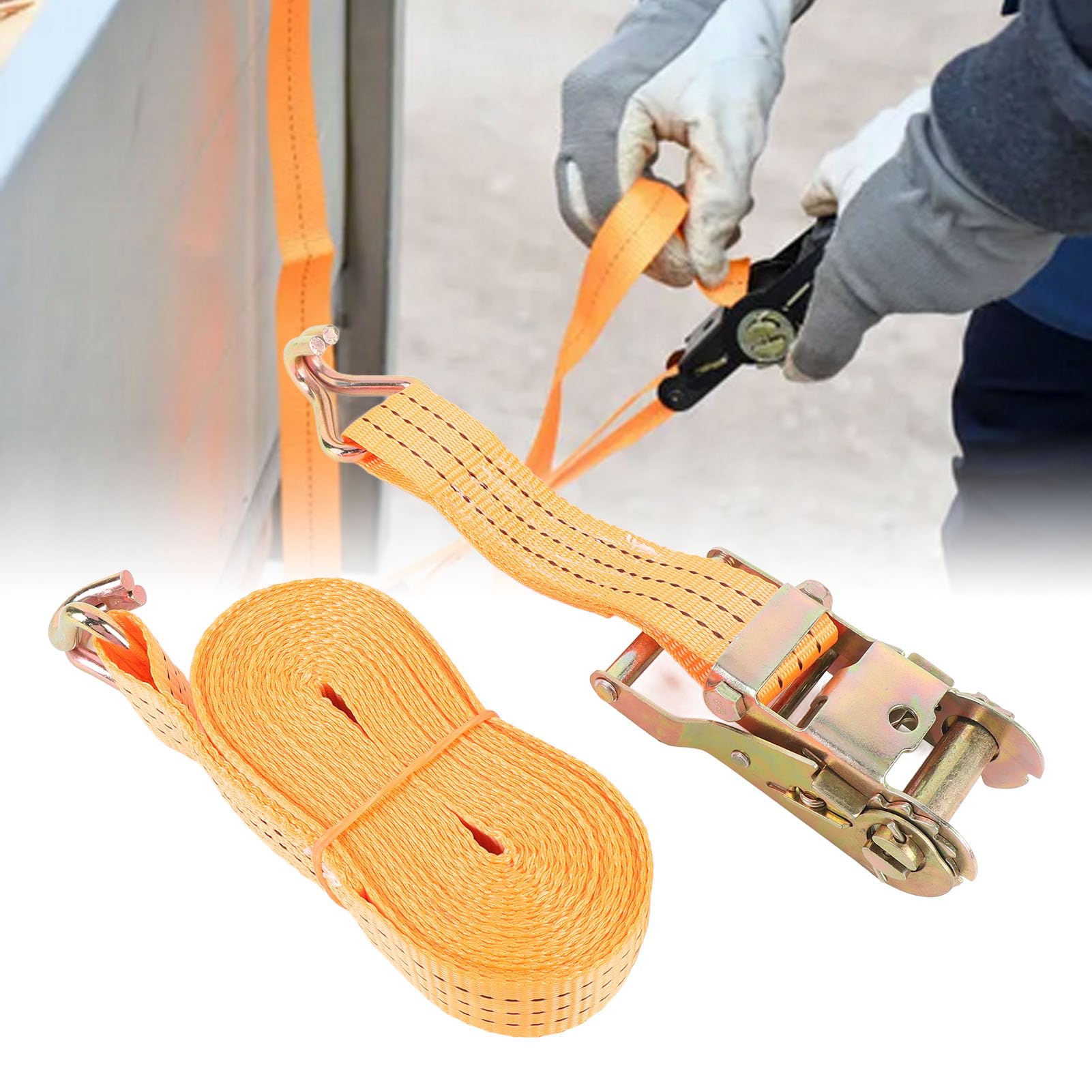 Generic Cinghie di Ancoraggio per Carico Arancione per Carichi Pesanti con Ganci a J Tenditore a Cricchetto da 1,5 Pollici per Camion da Traino, Veicoli Fuoristrada, Cinghie in Nylon da 8 M, Set da 2