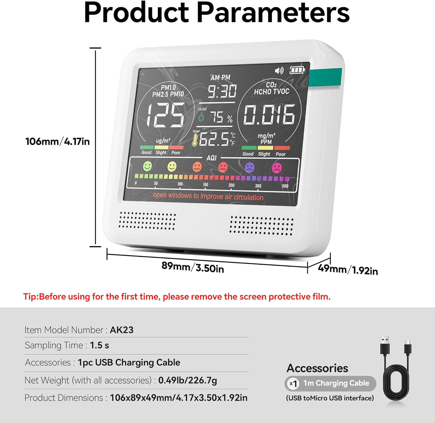 Diagram showing the dimensions of the AK23 Air Quality Monitor and listing product parameters