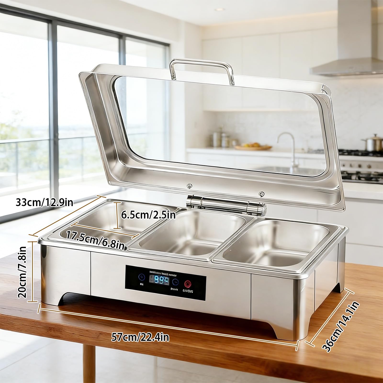 LIROPAU Pasto Chafing Dish, scaldavivande in acciaio inox da 9 l, con coperchio in vetro visibile, 3 contenitori in acciaio inox per feste, matrimoni, buffet e feste (3 set da 1/3 + 1/3 + 1/3 GN)
