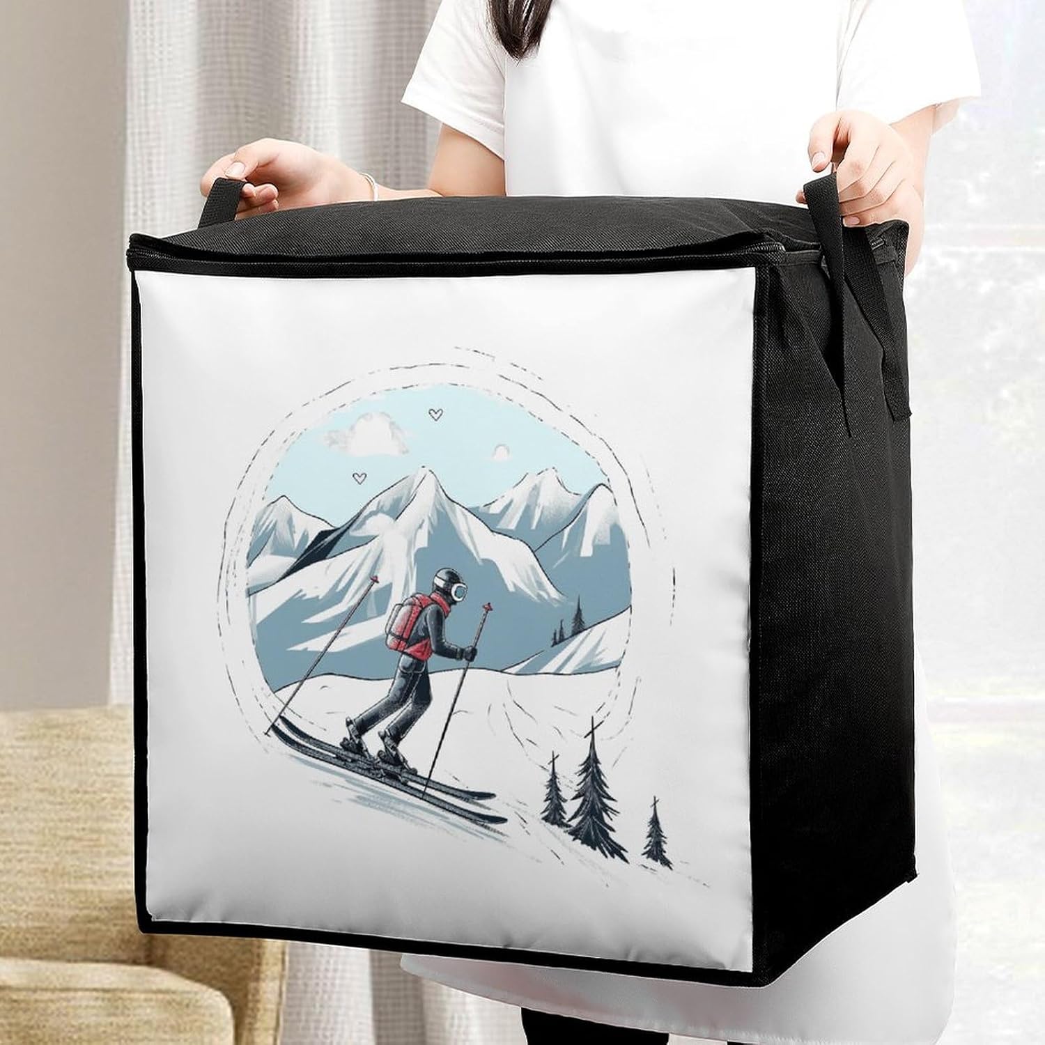 Skiing Theme Storage Bag with Zippers And Handle Extra Large Bedding Comforter Storage Bag Foldable Blanket Storage Bags Fabric Moving Bags for Closet Organizer (70L)
