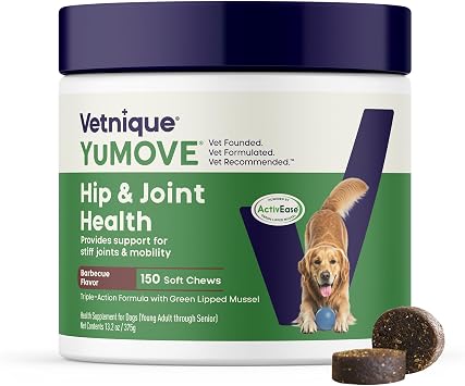 YuMOVE Adult Dog Hip & Joint Soft Chews, ActivEase Green Lipped Mussel, Glucosamine for Dogs, Hyaluronic Acid & Omega 3 - Barbecue Flavor (150ct Chews, Regular Strength)