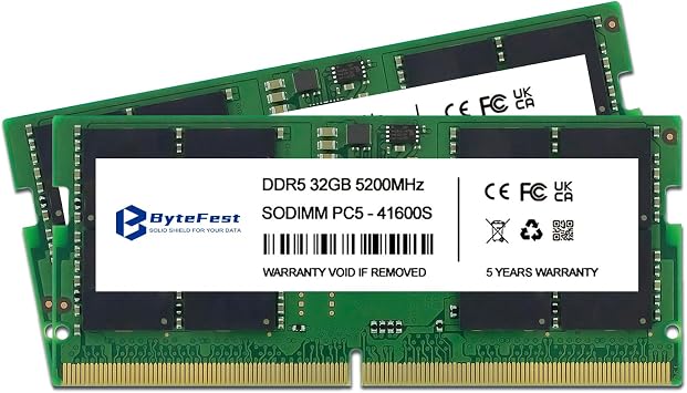 DDR5 RAM 64GB Kit 2x 32GB 5200MHz SODIMM PC5-41600 CL42 1.1V 262-Pin Laptop RAM Memory