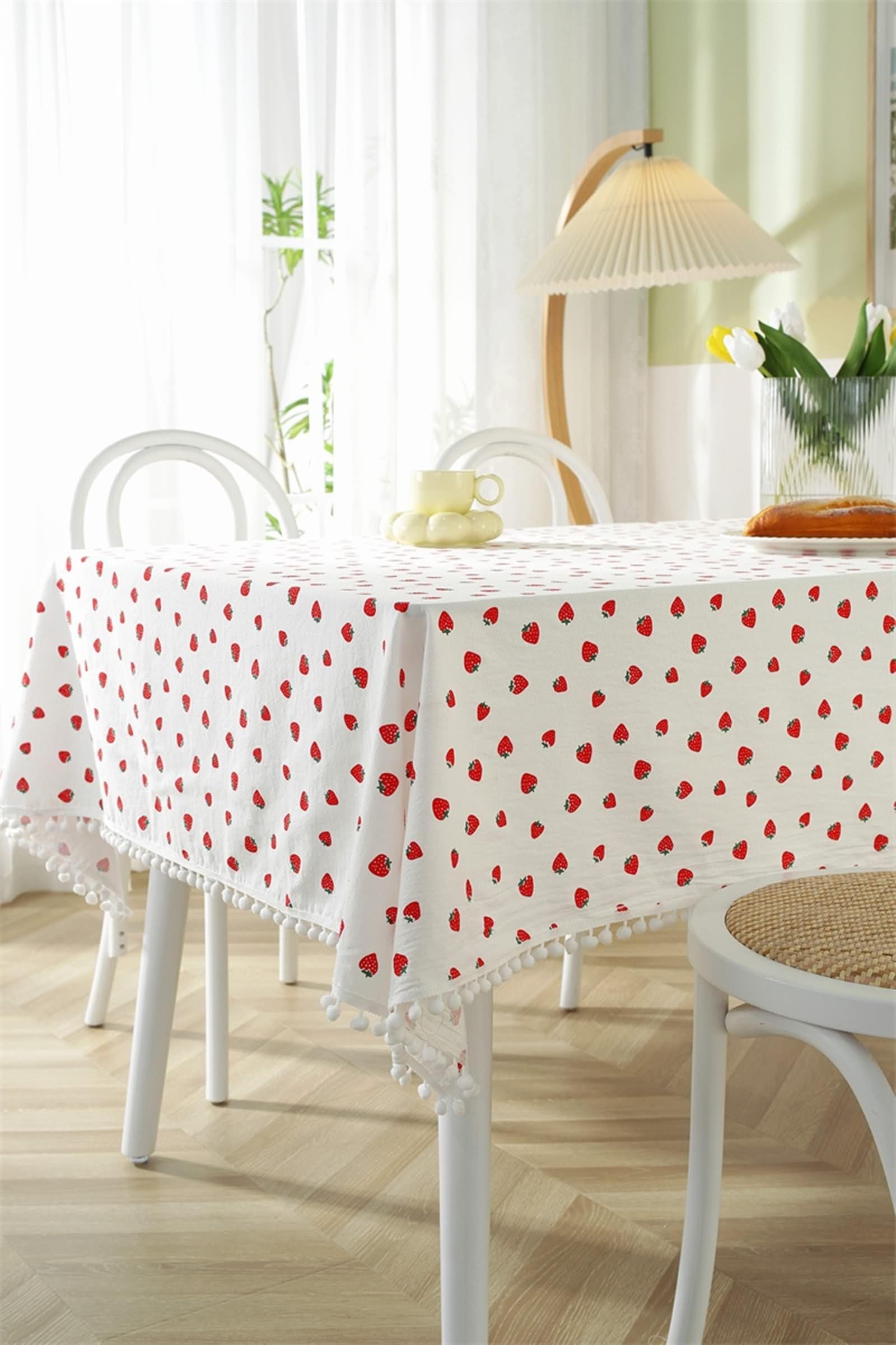 Manteles de mesa bohemios para sala de estar, manteles de tela con estampado de fresas, bonitos manteles blancos modernos de mediados de siglo, de algodón, 87 x 55 pulgadas