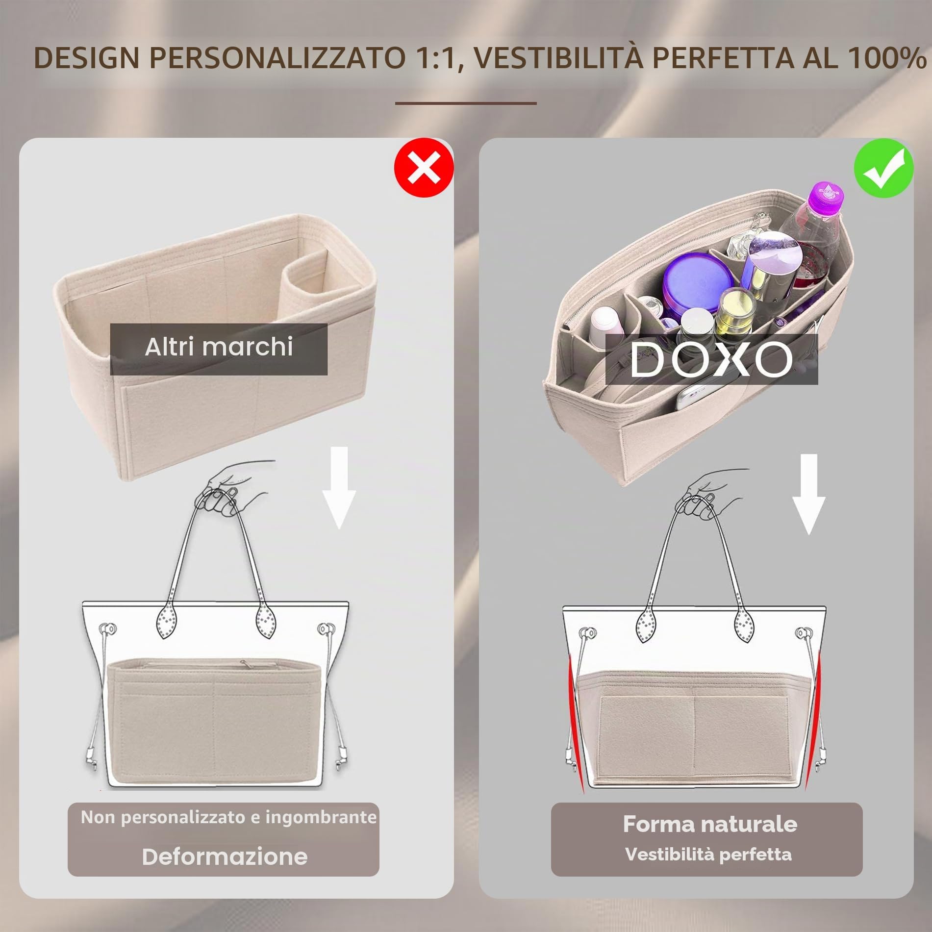 Doxo, Set di 2 organizer per borse e base sagomata, organizer in feltro con cerniera, misura L, 7 misure, adatto per Speedy, Neverfull MM/City33 e altre (combinazione beige, L)