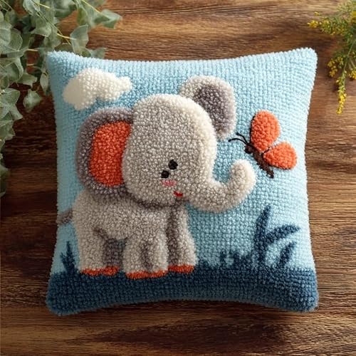 WallustrioaW Latch Hook Pillow Kit -Elephant 43X43Cm Embroidery Art Craft Kit All Ages Unisex