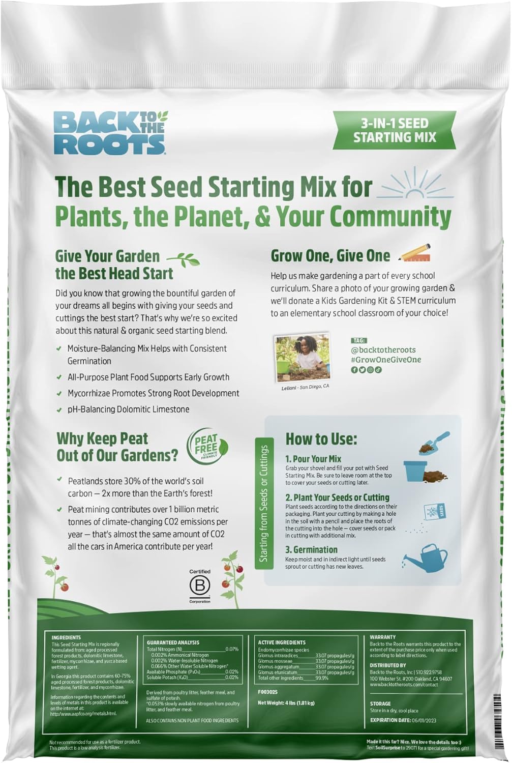 Back to the Roots Natural & Organic Peat-Free 3-in-1 Seed Starting Mix - Ready to Use Root Boosting Gardening Soil Mix for Indoor and Outdoor Plants, Vegetables, Herbs, Fruits, & Flowers – 12 QT : Patio, Lawn & Garden