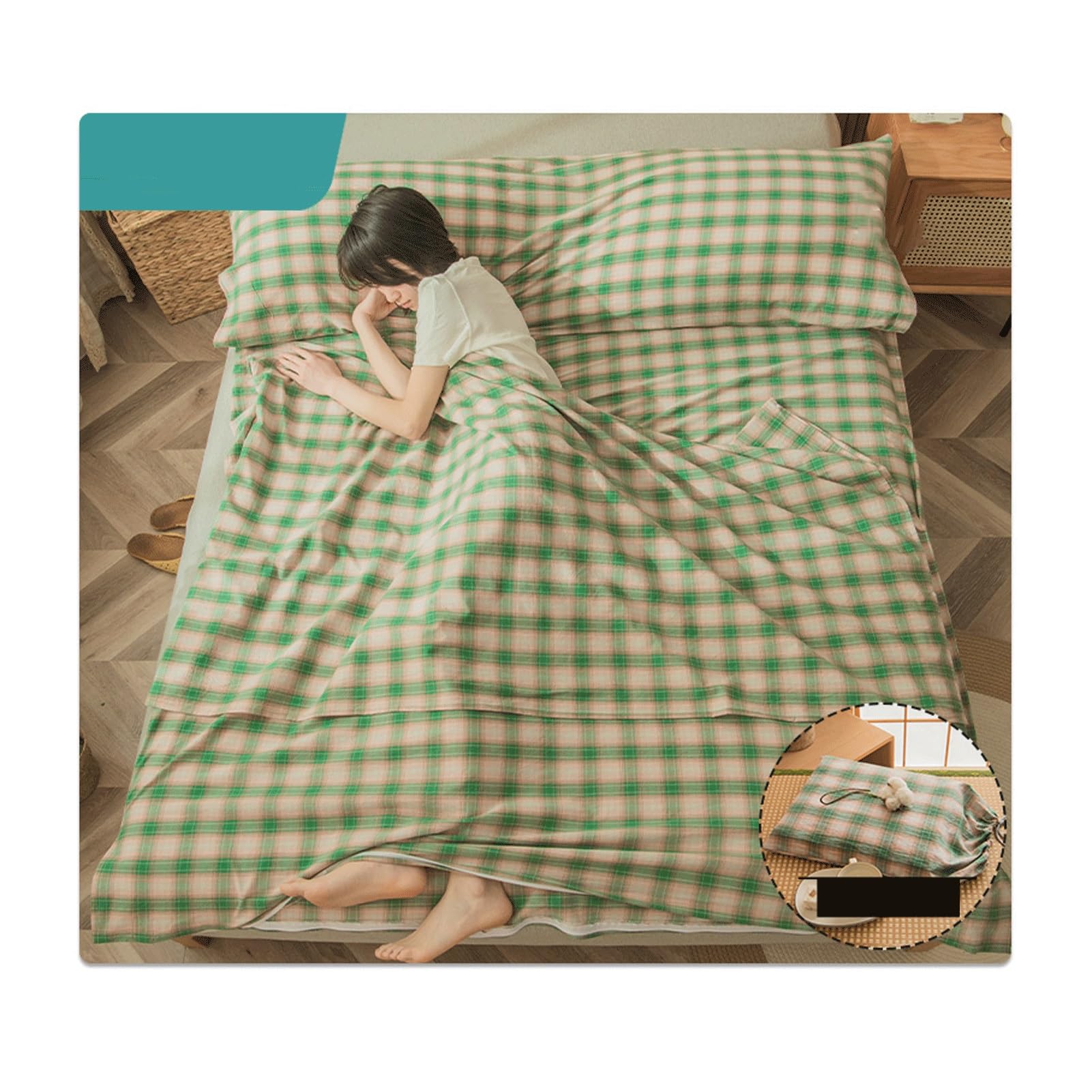 RUZGAR Sacco Lenzuolo Sacco a Pelo Capanna 100% Cotone Lavato Morbido e Confortevole Singolo Matrimoniale Lenzuola a Sacco da Viaggio Campeggio Sacco Letto(Green B,120x210cm-47x82)