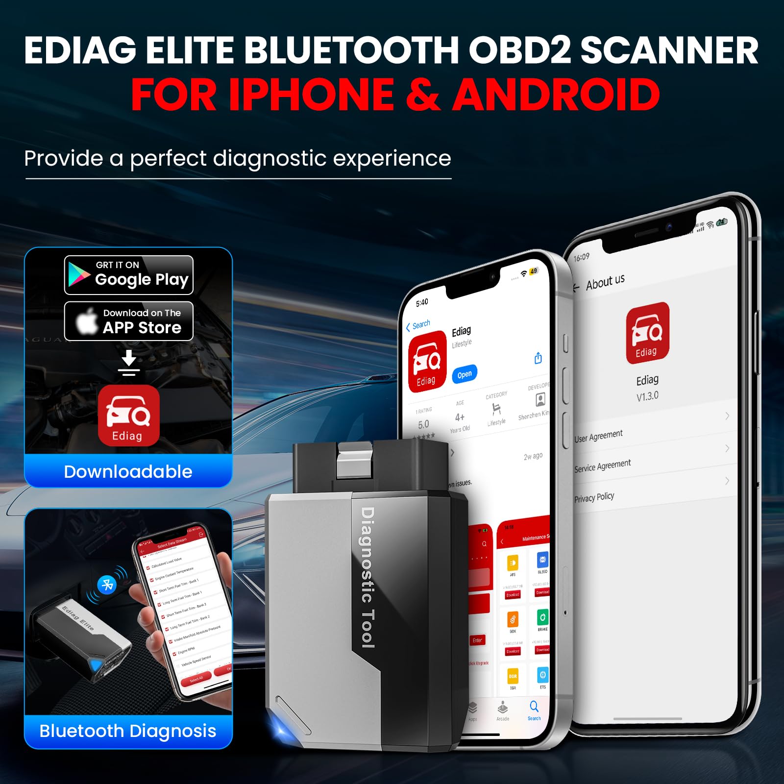 KINGBOLEN EDIAG ELITE OBD2 Urządzenie diagnostyczne Bluetooth, adapter Bluetooth, pełne systemy, czytnik kodów OBD2, do kodowania dwukierunkowego, 15 funkcji resetowania. Dla urządzeń iOS i Android