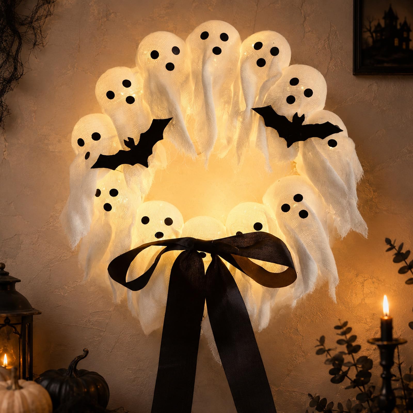 DVDVBOOM Halloween Wreath, 12 Ghost Heads Light Up Ghost Wreath, Halloween Decorations Outdoor Indoor for Front Door Porch Window Wall, 35cm