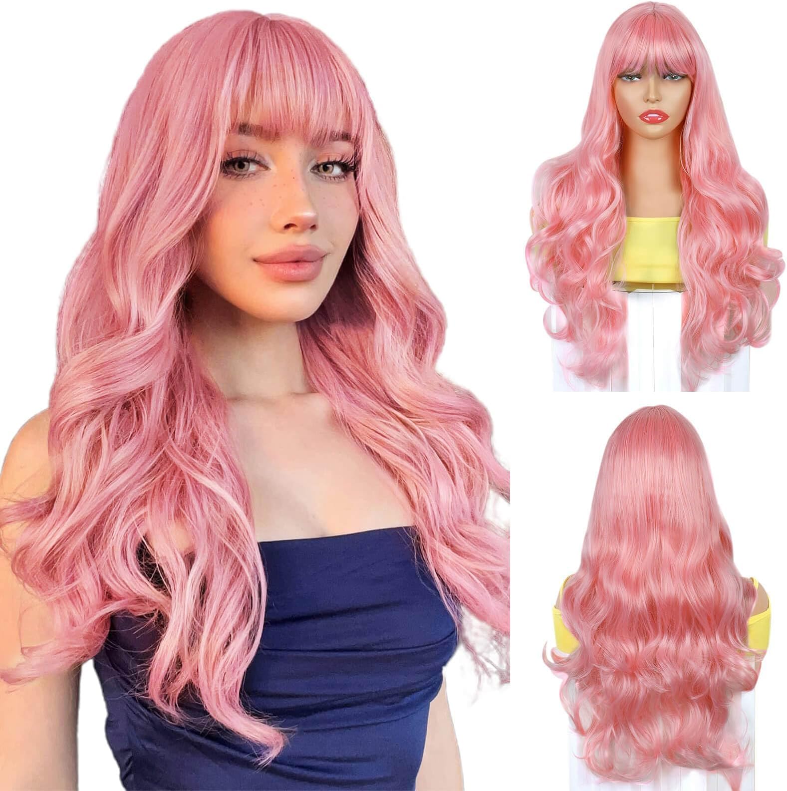 QUEENTAS 23inch Long Pink Wigs for Women Natural Hair Wig with Bangs Wavy Cruly Synthetic Wigs