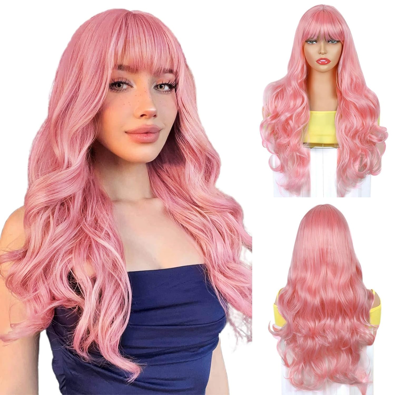 QUEENTAS 27" Long Pink Wig with Bangs Middle Part Wavy Curly Wigs for Women Glueless Natural Looking Synthetic Wig Realistic Hair Wigs for Daily Party Use(Light Pink)