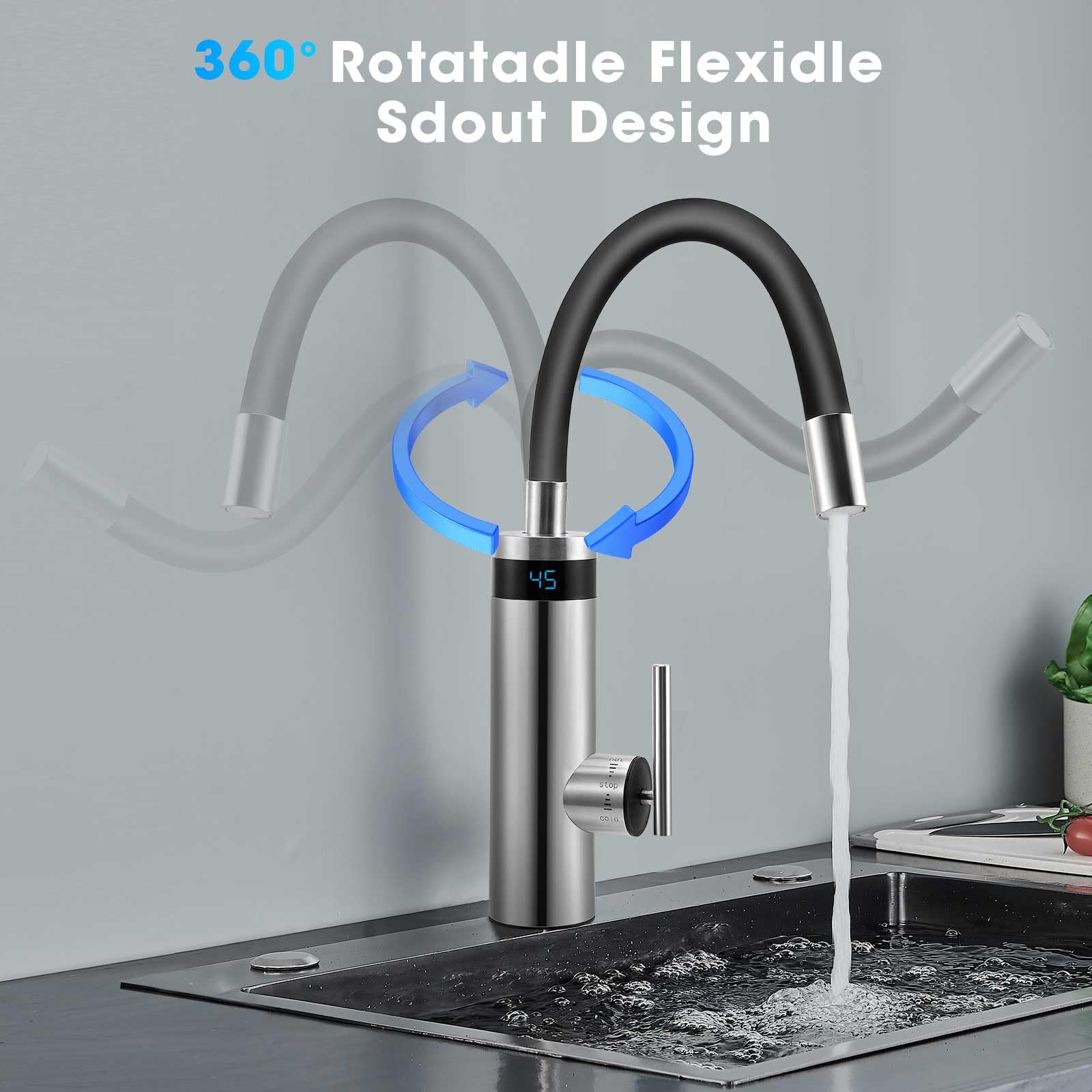 Robinet Électrique avec Chauffe-eau Instantané, 3000w Robinet Chauffant en Acier Inoxydable, Сhauffe-Eau de Cuisine Avec Col Flexible et Affichage de la Température, pour Cuisine, Salle de Bain