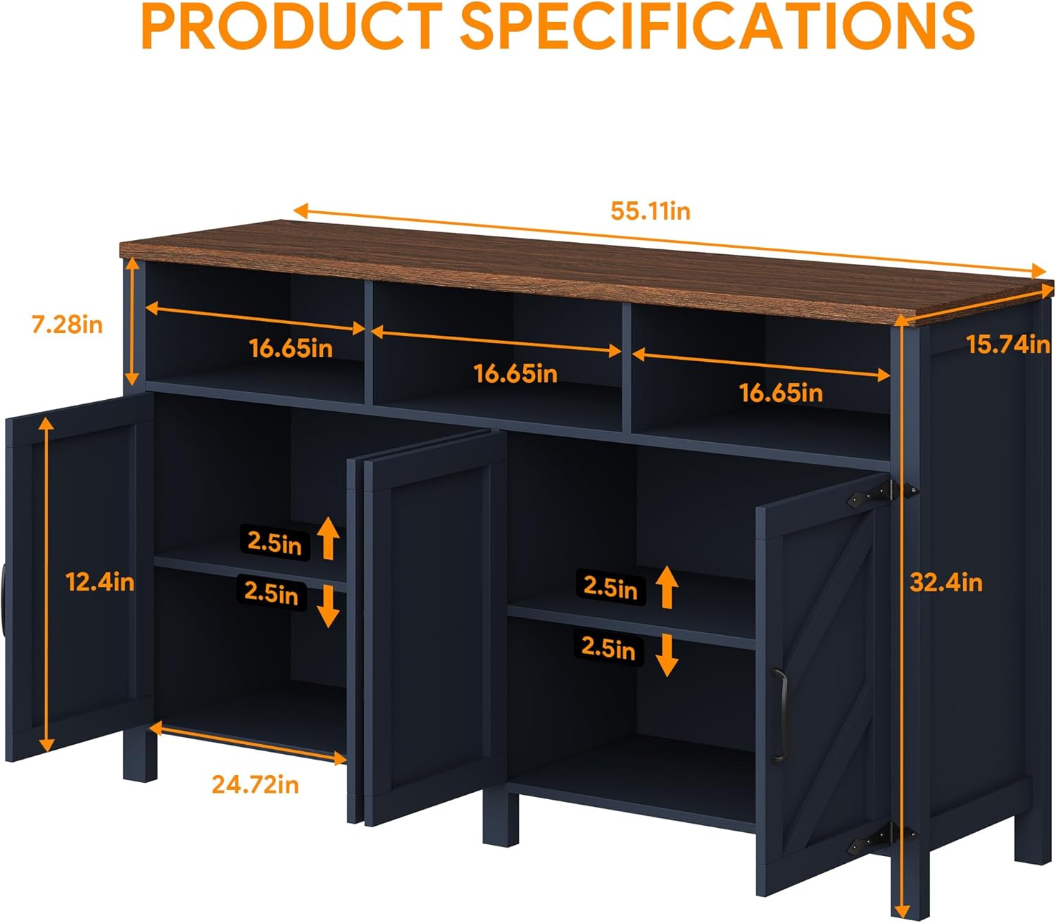 knoworld Buffet Sideboard with Storage Farmhouse with 4 Doors, 55'' Large Kitchen Storage Cabinet Wood Coffee Bar Buffet Table for Kitchen, Dining Room (Blue, 55 in)