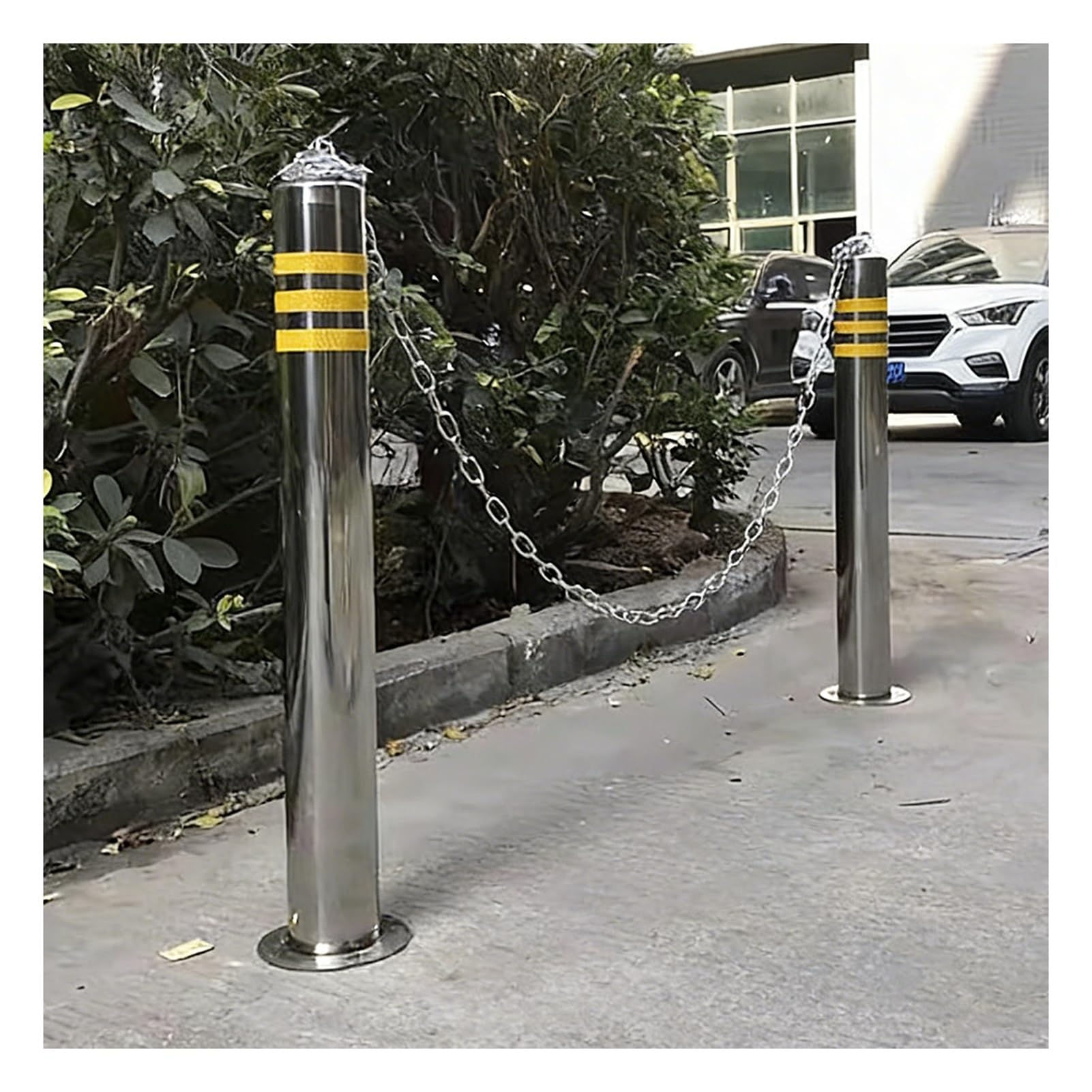 Genérico Barreras Reflectantes de Acero para Aparcamiento - Paquete de 2 bolardos de Seguridad con Cadena de 1 m para Zonas de Mucho tráfico, Ideales para centros comerciales, 100 x 6,3 cm (39,4 x 2,