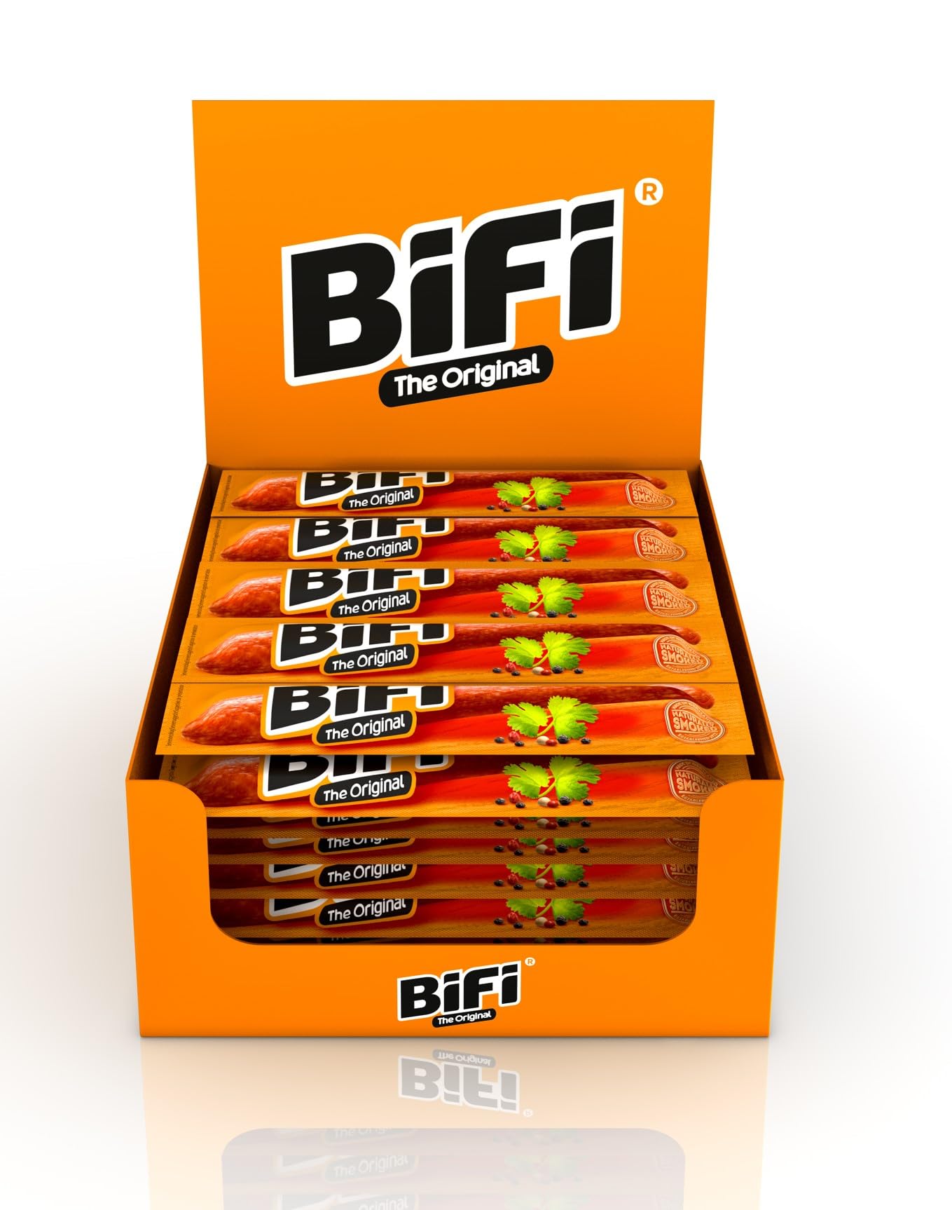 BiFi Original Tiras de salami, paquete de 64, 64 x 18,5 g, salchichón desecado para comer sobre la marcha, al aire libre, pimienta, cilantro y ajo, caja óptima para aperitivos