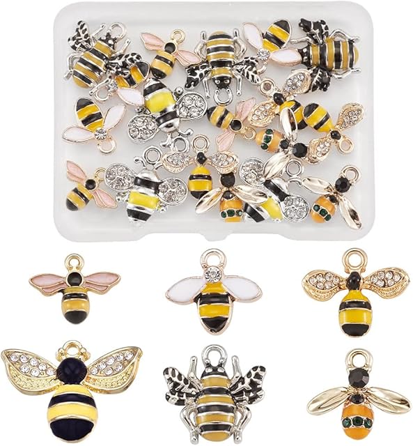 Craftdady 24pcs Enamel Bee Mixed Dangle Charms 6 Styles Honeybee Fly Insect Floating Pendants for Jewelry Crafts Making, Hole: 1.2-2mm