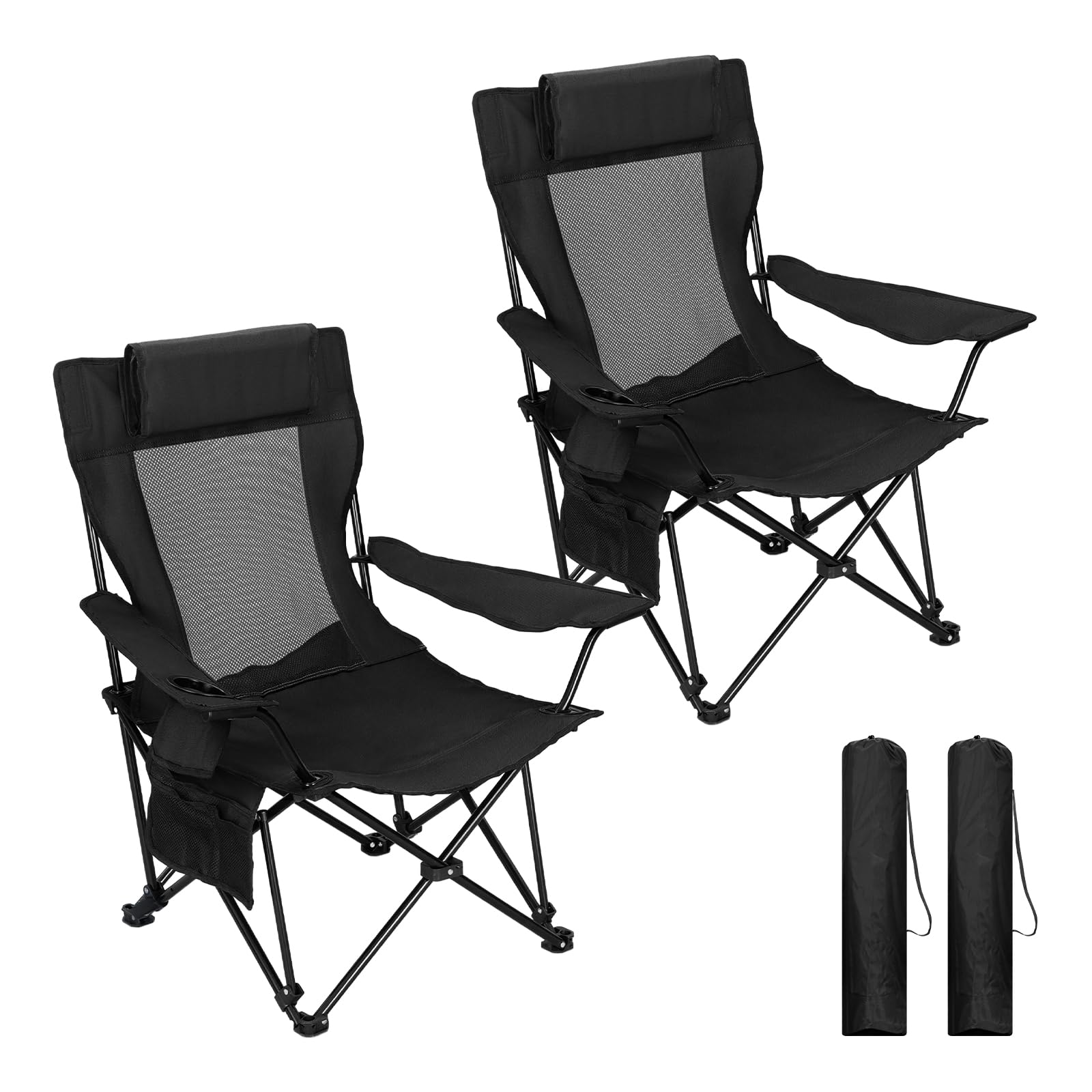 WOLTU Campingstuhl Faltbar 2 Set,Camping Klappstuhl bis 150 kg Belastbar Outdoor Angelstuhl mit Getränkehalter Abnehmbarer Kopfstütze und Seitentasche,für Angeln Picknick und Garten,Schwarz