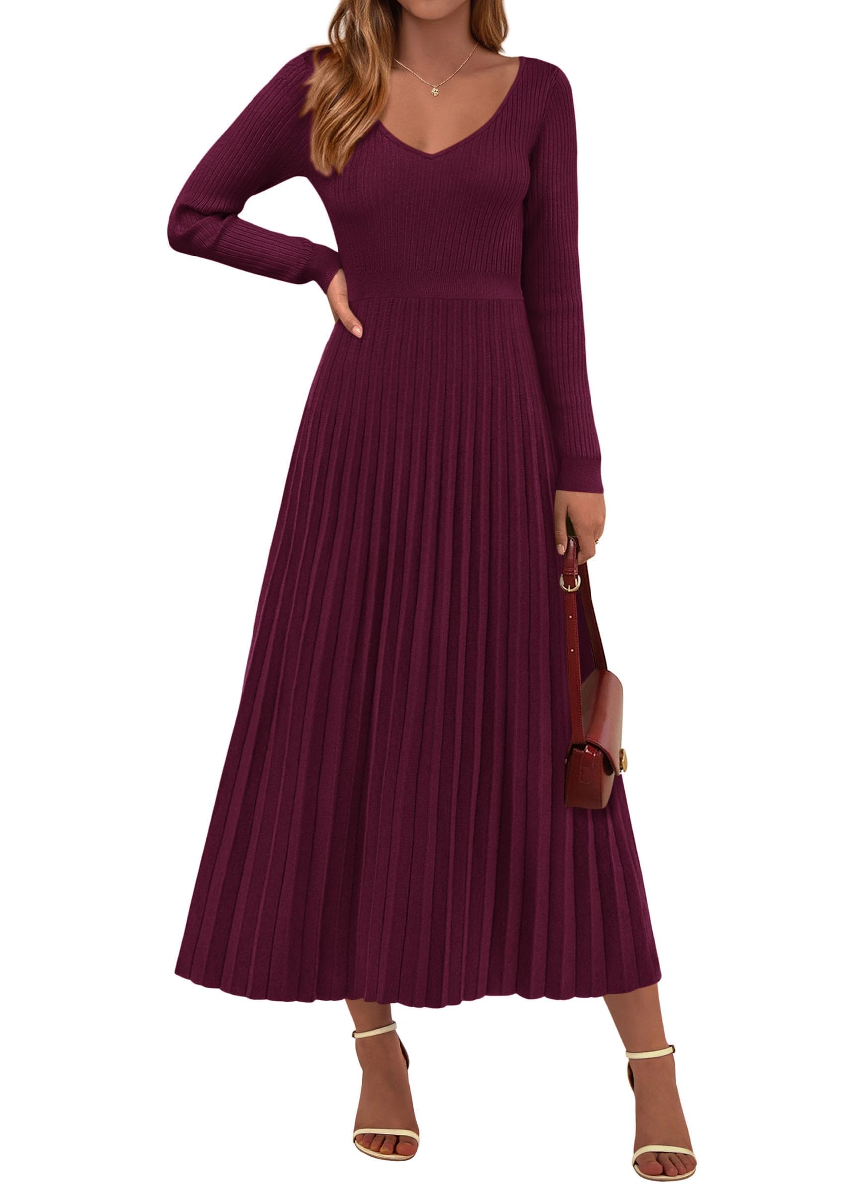 PRETTYGARDEN Women Sweater Dress Fall Fashion 2026 Long Sleeve V Neck Ribbed Knit Pleated A Line Elegant Maxi