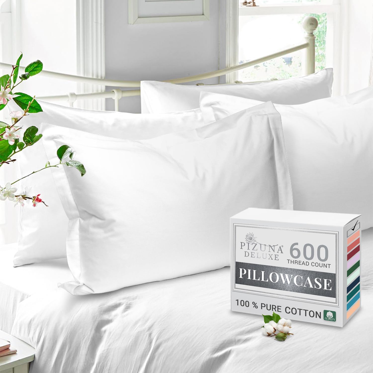 Pizuna Deluxe 100% Cotton Pillow Case King Size 50x90 cm New White, 600 Thread Count Crispy Soft Long Staple Cotton Sateen Weave Pillow CoverWith 5cm Hem (Hotel Pillowcase New White - 2 PC)
