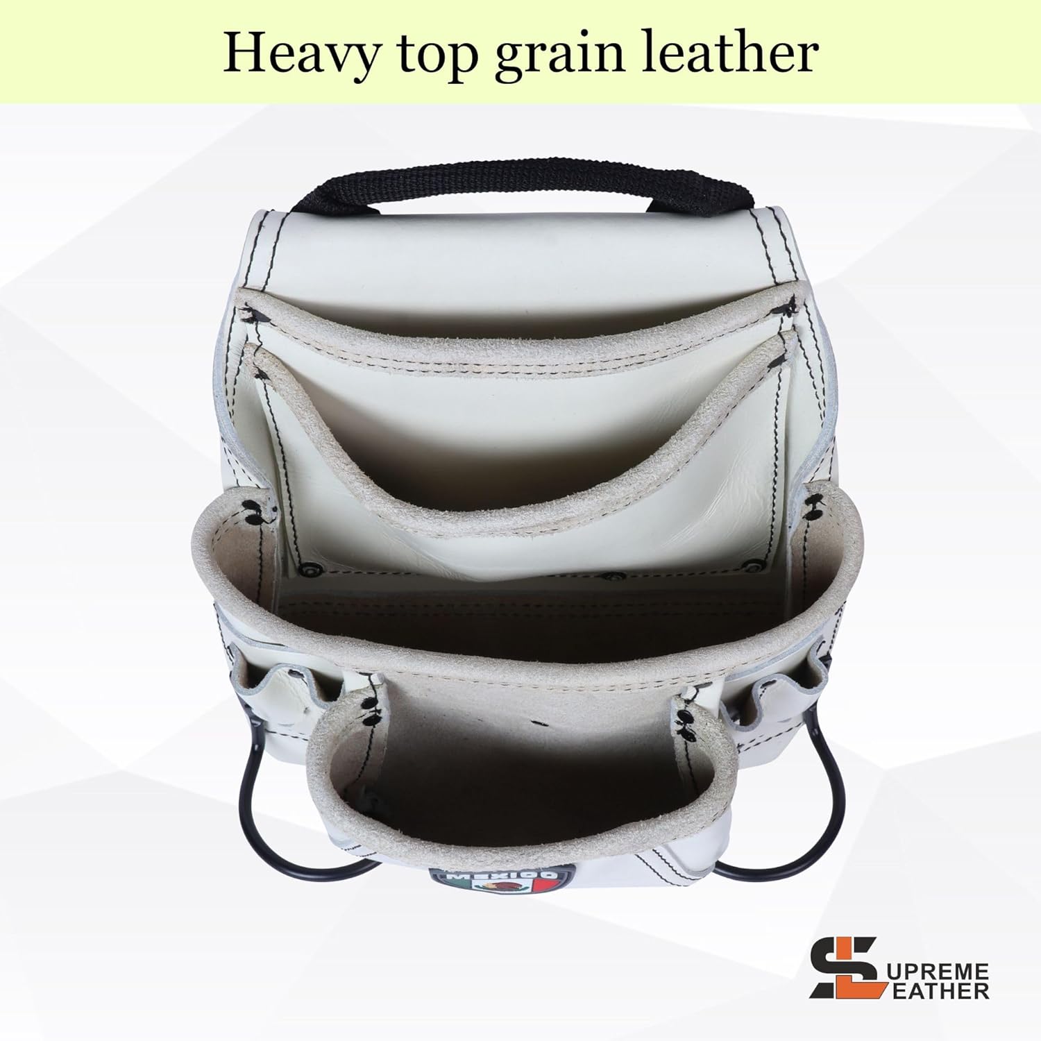 Supreme Leather Country-Themed White Leather Tool Pouch | with 2 Sided Hammer Holder | for Framers, Roofing, Carpenters, Electricians, Construction | 10 Pocket Belt Tool Bag Kit (Mexico Shield 2HH)