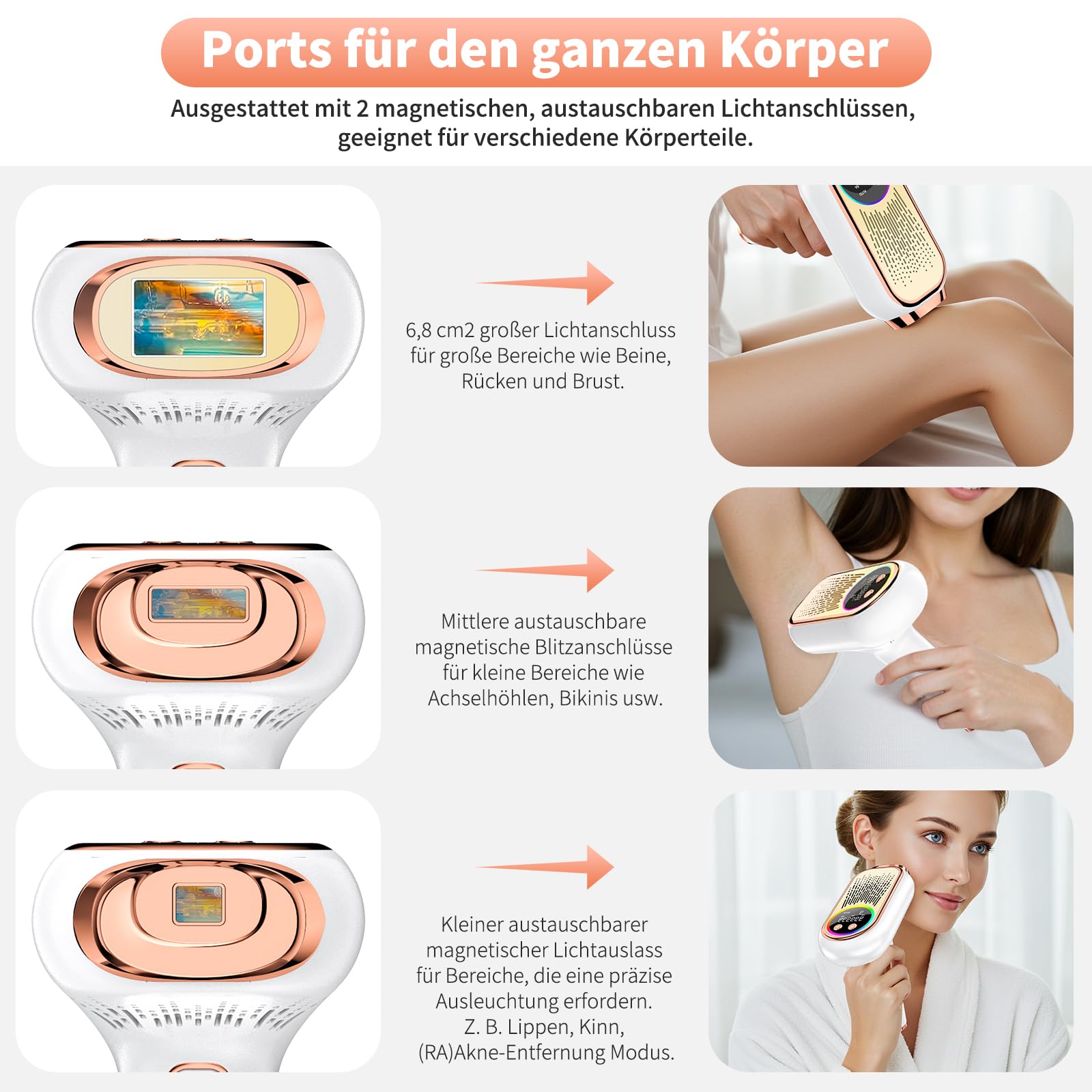 IPL Geräte Haarentfernung Laser 6,8 cm² Großkaliber 3 Funktionen HR SC RA 9 Energiestufen für Männer Frauen Gesicht Bikini Körper
