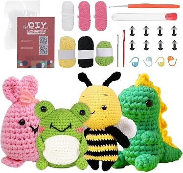 DHFUCNKO Crochet Kit for Beginners, Crochet Animal Kit, Crochet Starter Kit with Step-by-Step Video Tutorials, Knitting Kit for Adults Beginners DIY Craft Art - Dinosaur,Frog,Rabbit,Bee