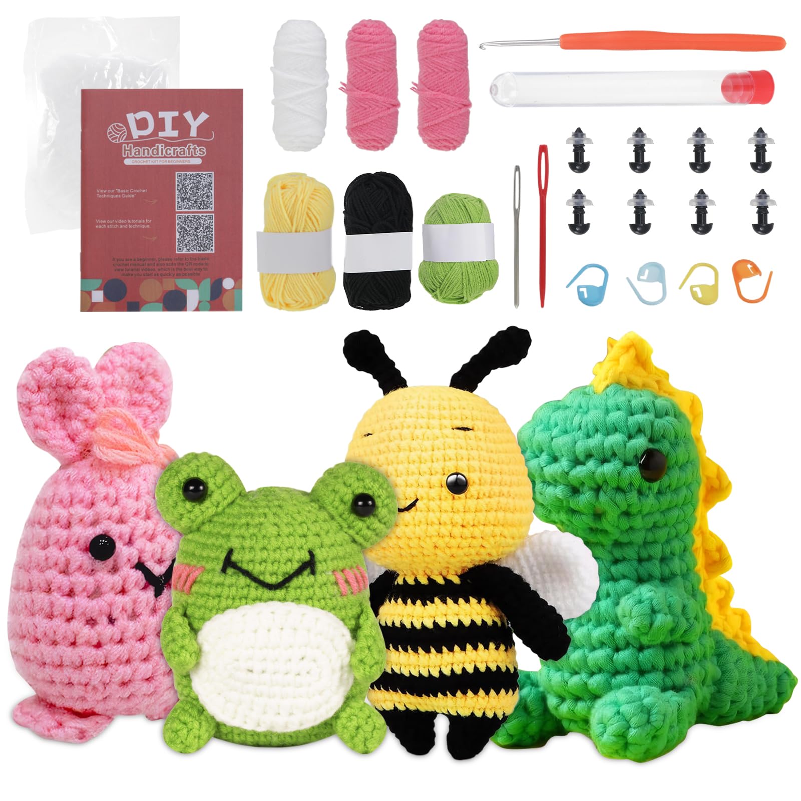 DHFUCNKO Crochet Kit for Beginners, Crochet Animal Kit, Crochet Starter Kit with Step-by-Step Video Tutorials, Knitting Kit for Adults Beginners DIY Craft Art - Dinosaur,Frog,Rabbit,Bee
