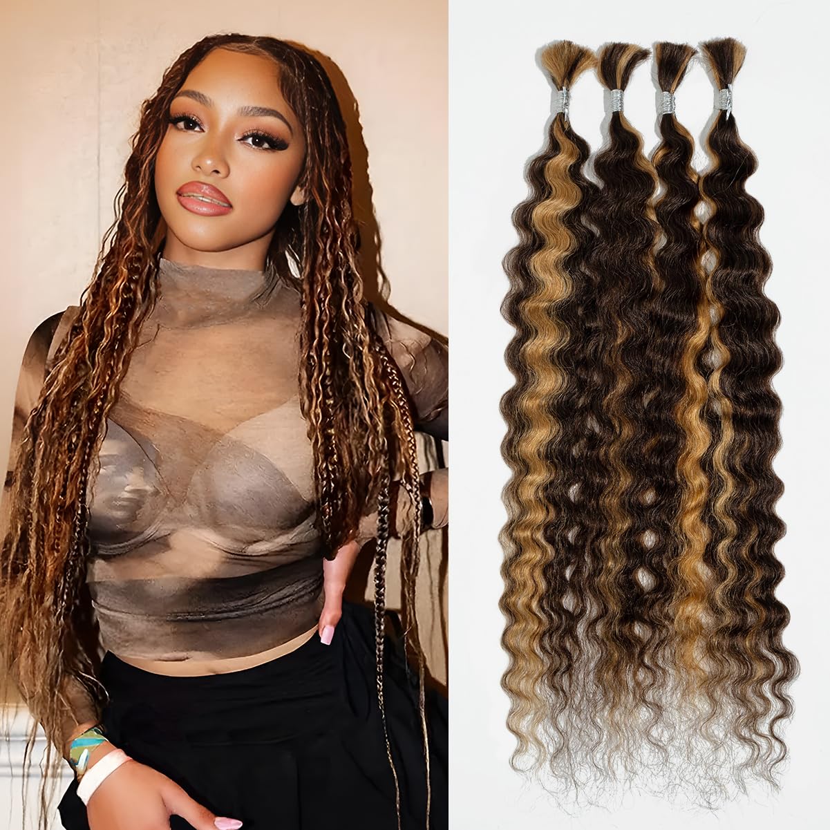 Rebecca Fashion Human Braiding Hair for Boho Braids Super Wave Bulk Human Hair for Braiding 95G 18 Inch Wet and Wavy Bulk Human Hair Extensions 4