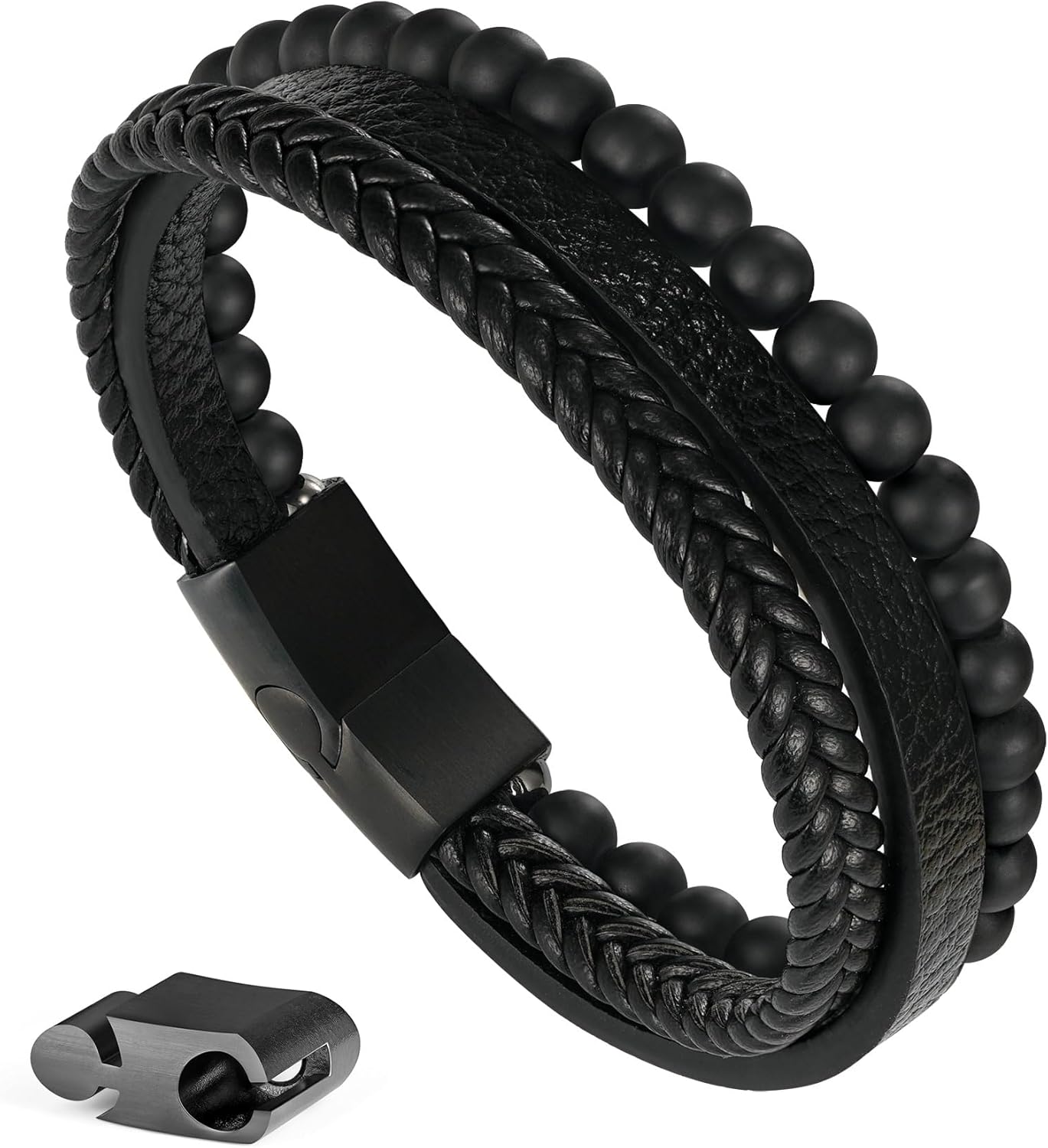 Gifts for Men - Mens Bracelet, Braided Leather Beaded Bracelets Mens Jewelry 6mm Tiger Eye Lava Rock Stone Handmade Bracelet With Adjustable Magnetic Clasp